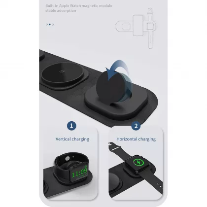 Складная беспроводная (15W) зарядная станция "Magic Case" с MagSafe для смартфона, часов и наушников, черный, фото 5