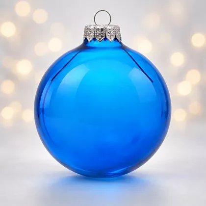 Стеклянный елочный шар "Christmas bauble", синий прозрачный, с серебристым колпачком в черной коробке, фото 1