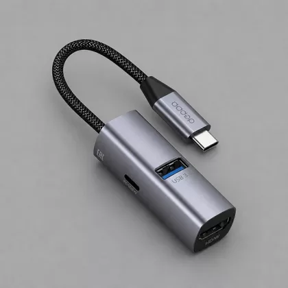 USB-хаб 3 в 1 USB-C - USB-A3.0 + USB-C PD100Вт + HDMI, серый, Deppa, фото 1