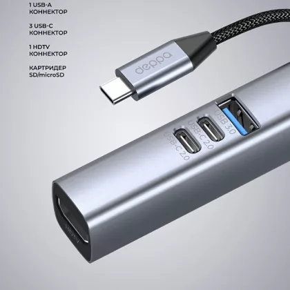 USB-хаб 7 в 1 USB-C - USB-A3.0 + 2хUSB-C + USB-C PD100Вт + HDMI + SD + microSD, серый, Deppa, фото 3