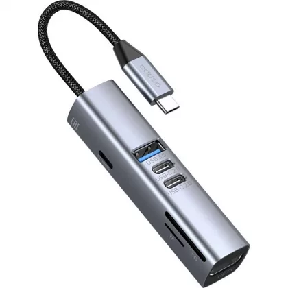 USB-хаб 7 в 1 USB-C - USB-A3.0 + 2хUSB-C + USB-C PD100Вт + HDMI + SD + microSD, серый, Deppa, фото 2