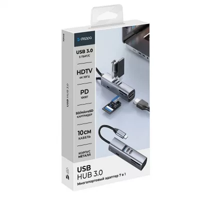 USB-хаб 7 в 1 USB-C - USB-A3.0 + 2хUSB-C + USB-C PD100Вт + HDMI + SD + microSD, серый, Deppa, фото 5