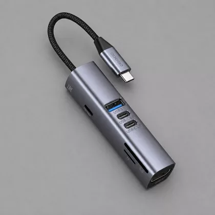 USB-хаб 7 в 1 USB-C - USB-A3.0 + 2хUSB-C + USB-C PD100Вт + HDMI + SD + microSD, серый, Deppa, фото 1