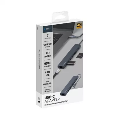 USB Type-C хаб 7-в-1, HDMI, Power Delivery, 2xUSB 3.0, RJ45, microSD/SD, графит, Deppa, фото 5