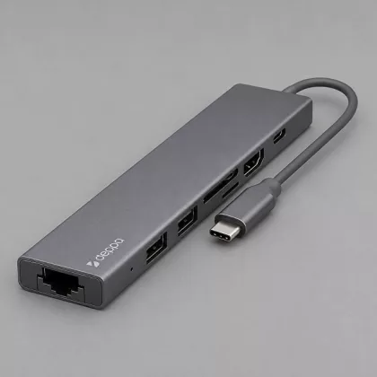 USB Type-C хаб 7-в-1, HDMI, Power Delivery, 2xUSB 3.0, RJ45, microSD/SD, графит, Deppa, фото 1