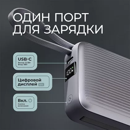 Внешний АКБ NRG Turbo Cable 10000 mAh, 22,5Вт, графит, Deppa, фото 4