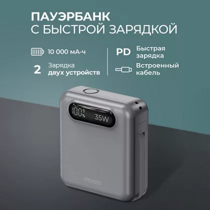 Внешний АКБ NRG Turbo Cable 10000 mAh, 35Вт, графит, Deppa, фото 2