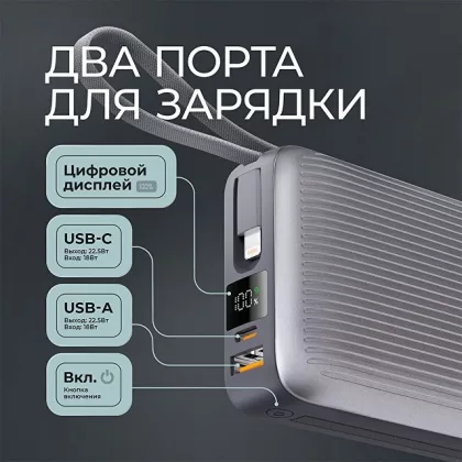 Внешний АКБ NRG Turbo Cable 20000 mAh, 22,5Вт, графит, Deppa, фото 4