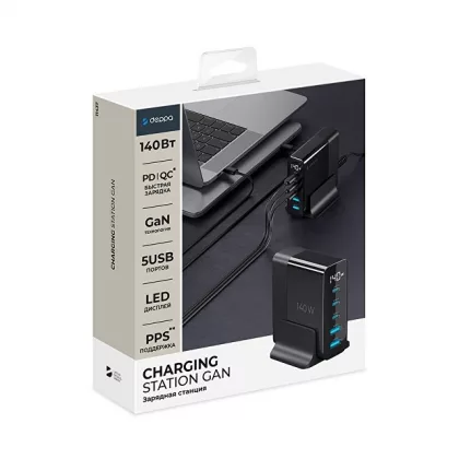 Зарядная станция 3xUSB Type-C, 2xUSB, PD, QC, 140Вт, черный, Deppa, фото 6