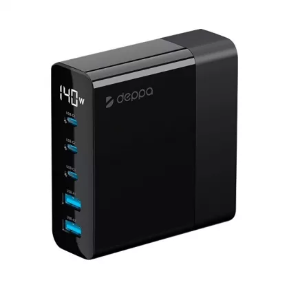 Зарядная станция 3xUSB Type-C, 2xUSB, PD, QC, 140Вт, черный, Deppa, фото 2
