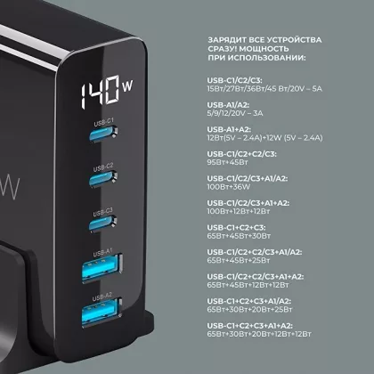 Зарядная станция 3xUSB Type-C, 2xUSB, PD, QC, 140Вт, черный, Deppa, фото 3