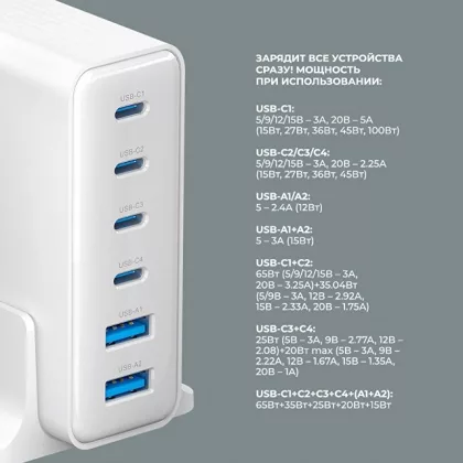 Зарядная станция 4xUSB Type-C, 2xUSB, PD, QC, 160Вт, белый, Deppa, фото 3