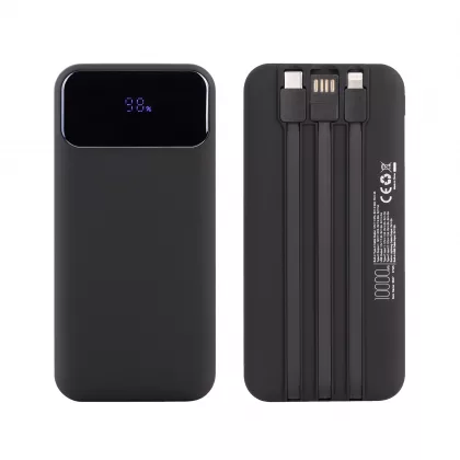 Зарядное (22.5W) устройство "Grade SOFTTOUCH" 10000 mAh с подсветкой логотипа, встроенными кабелями и цифровым индикатором заряда, черный, фото 6