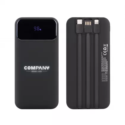 Зарядное (22.5W) устройство "Grade SOFTTOUCH" 10000 mAh с подсветкой логотипа, встроенными кабелями и цифровым индикатором заряда, черный, фото 1