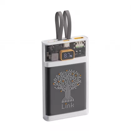Зарядное (22.5W) устройство "Link" 10000 mAh с прозрачным корпусом, цифровым индикатором заряда и встроенными Type-C/Lightning кабелями, белый/черный, фото 5