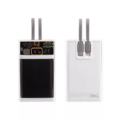Зарядное (22.5W) устройство "Link" 10000 mAh с прозрачным корпусом, цифровым индикатором заряда и встроенными Type-C/Lightning кабелями, белый/черный, фото 2