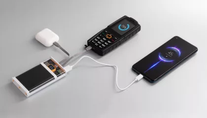Зарядное (22.5W) устройство "Link" 10000 mAh с прозрачным корпусом, цифровым индикатором заряда и встроенными Type-C/Lightning кабелями, белый/черный, фото 4
