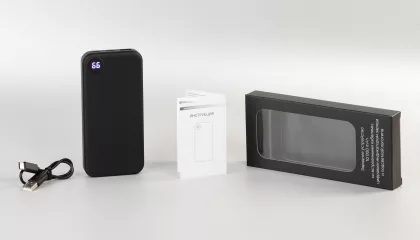Зарядное устройство "Форт" 10000 mAh с подсветкой логотипа, встроенными кабелями и цифровым индикатором заряда, черный, фото 10
