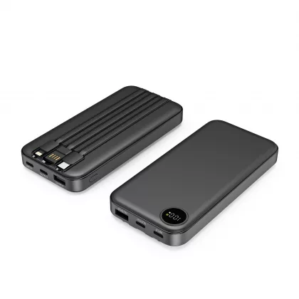 Зарядное устройство "Форт" 10000 mAh с подсветкой логотипа, встроенными кабелями и цифровым индикатором заряда, черный, фото 6