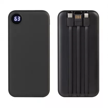 Зарядное устройство "Форт" 10000 mAh с подсветкой логотипа, встроенными кабелями и цифровым индикатором заряда, черный, фото 3