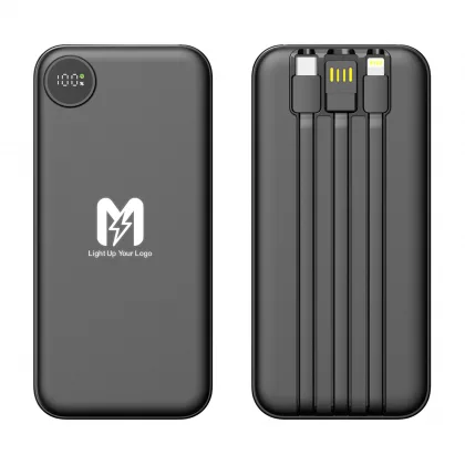 Зарядное устройство "Форт" 10000 mAh с подсветкой логотипа, встроенными кабелями и цифровым индикатором заряда, черный, фото 1