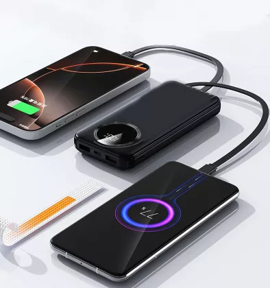 Зарядное устройство "Phantom" 10000 mAh с 4мя встроенными кабелями и цифровым индикатором заряда, черный, фото 5