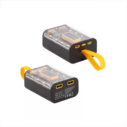 Зарядное устройство "Shine" 9000 mAh с LED-подсветкой, встроенными кабелями Type-C/Lightning/USB, черный с желтым, фото 6